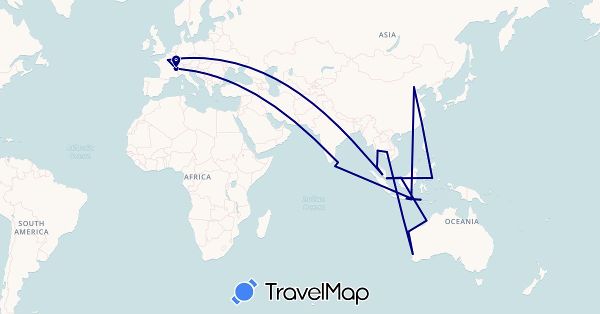 TravelMap itinerary: driving in Australia, Switzerland, China, France, Indonesia, Cambodia, Sri Lanka, Malaysia, Singapore, Thailand (Asia, Europe, Oceania)